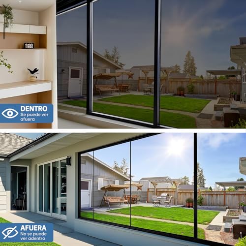 Película de Ventana,Vinil para Ventana Bloquea Calor Anti-UV Protector, Película Aluminio Vidrio Adhesiva Privacidad Espejo Unidireccional para Sala Cocina Oficina Hogar (Negro y Plata, 90X500 CM)