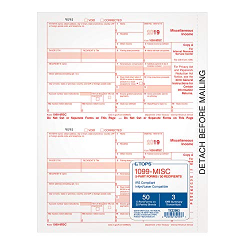 TOPS 1099-MISC Tax Forms for 2019, 5-Part Inkjet/Laser Form Sets for 50 Recipients, 3 1096 Summary Transmittal Forms (TX22993)