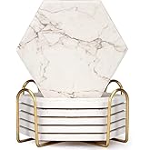 6 Pack Cute Marble Absorbent Stone Coaster Set with Holder Cool Cork Coster Modern White Ceramic Coasters Bar Desk Cup Drink Coasters Funny Coffee Table Decor Kitchen Unique Coster posavasos
