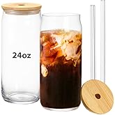 Greefun 24oz Drinking Glass with Bamboo Lid and Straw, 2 Pack Glass Tumbler for Beer, Iced Coffee, Matcha Cup with 2 Straw Brush