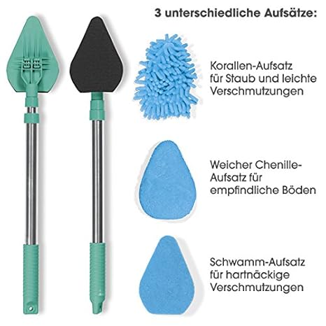 Fliesenreiniger und Wannenwischer Reinigungssystem zur Badreinigung mit Teleskopstiel in Blau und 3 Aufsätzen ( 1x Schwamm-Au