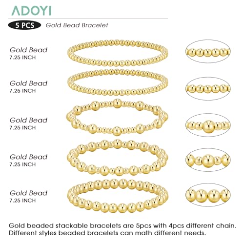 adoyi Gold Bracelets for Women Waterproof, 14K Gold Plated Beaded Strand Bead Ball Bracelets stack Adjustable Jewelry Set for Gifts