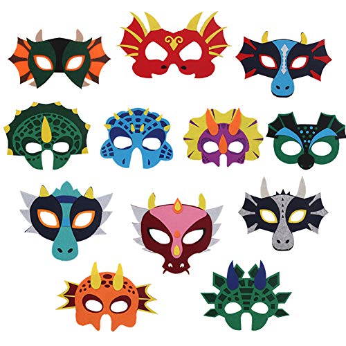 Haocoo 12 Stücke Party Masken, Drachen Dinosaurier Masken für Kinderparty, Tier Augenmaske Filz Masken mit Elastischen… – Bild 5