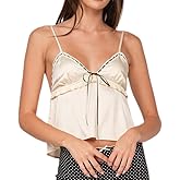 Women Silk Crop Cami Top Y2k Polka Dot Spaghetti Strap Tank Top Lace Trim V Neck Camisoles Trendy Going Out Tops