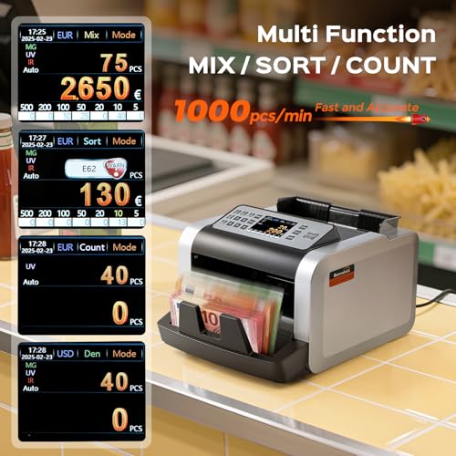 Bonvoisin Professional Banknote Counter, Value Counting for Mixed Euro Banknotes, Money Counter Machine with UV/MG/IR Detection, 1000 Pieces/Min, Banknote Counter with External Display