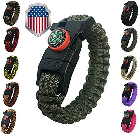 550 Paracord Survival Bracelet Kit 5-in-1 Hunting Gear with Emergency Knife, Compass, Fire Starter, Flint and Whistle by Exxceed, ArmyGreen, Small