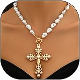 Pearl Cross Necklace for Women,Chunky Large Cross Statement Necklace, Baroque Pearl Beaded Choker Gothic Jewelry