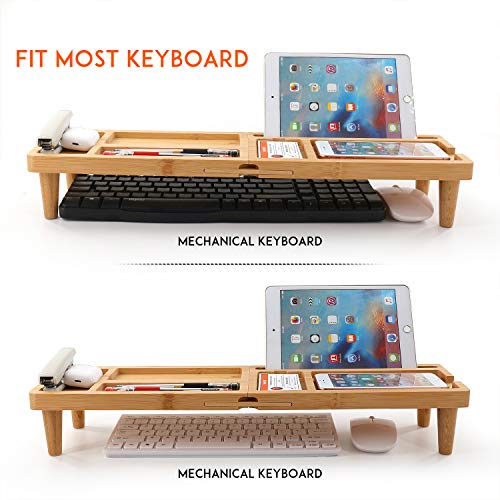 Bamboo Desk Organizer Tray for Saving Space, Office Desktop Small Objects Storage Holder Hide Keyboard Wood Shelf for Phone, Tablet, Glasses, Pen, and More Accessories