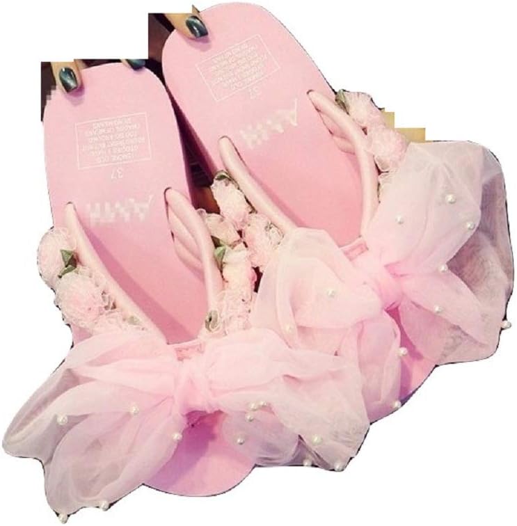 Women's Pink Pearl EVA Summer Bow Sandals Slipper Indoor Outdoor Flip-Flops Beach Wedges