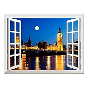 Removable Wall Sticker/Wall Mural - Full Moon Above Big Ben and House of Parliament, London, United Kingdom | Creative Window View Home Decor/Wall Decor - 24"x32"