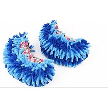 G2PLUS New Arrival Unisex Multifunctional Washable Chenille Fibre House Floor Cleaning Dust Mop Slippers Foot Socks Mop Shoes (Blue)