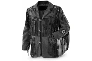 Rapid Mart Men's Western Cowboy Leather Jacket with Fringed Native American Suede Beaded Traditional Leather Coat