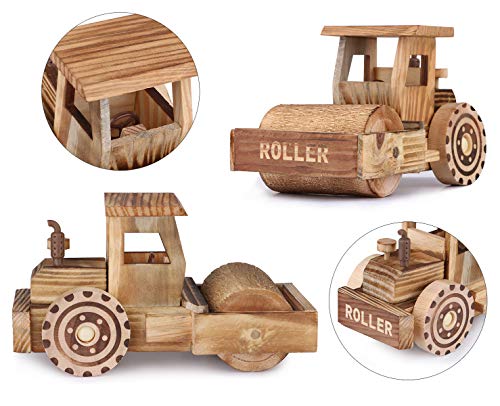 Dedoot Wooden Road Roller Model Decor 2 Pcs Wood Road Roller Construction Steamroller Truck Construction Vehicle Rollers for Gift Home Decor Tabletop Ornament - Thumbnail 2