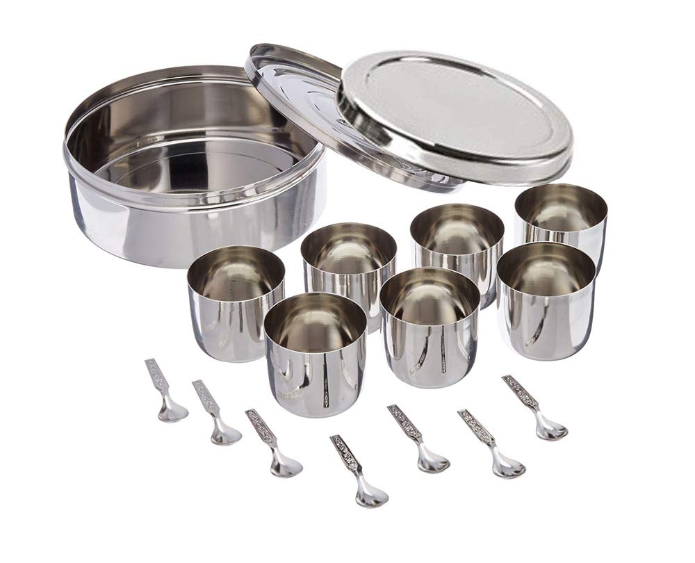 Stainless Steel Spice Box with 7 Containers, 7 Spoons and Double Lid, Size 12 No., Silver