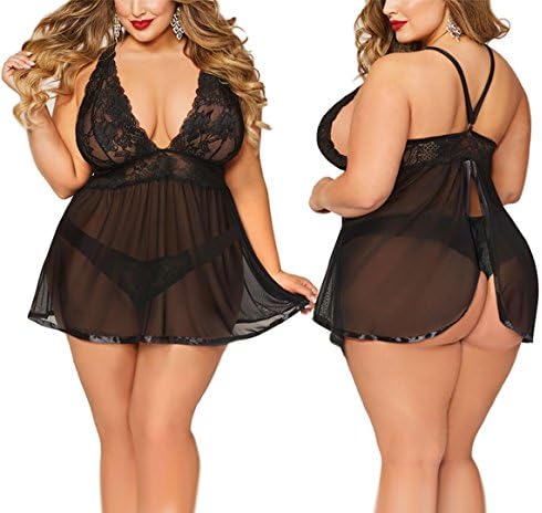 Curbigals Women's Open Back Babydoll Lace Flirty Lingerie Plus Size (Black, XXL)