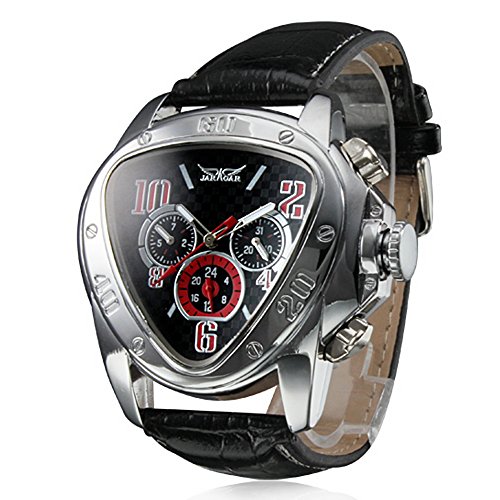 Men's Automatic Mechanical Triangle Dial Leather Band Wrist Watch - Black