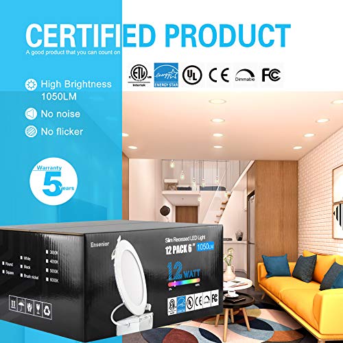 Ensenior 12 Pack 6 Inch Ultra-Thin LED Recessed Ceiling Light with Junction Box, 3000K Warm White, 12W 110W Eqv, Dimmable Can-Killer Downlight, 1050LM High Brightness - ETL and Energy Star Certified