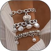 Stringex Fashion Layered Gold Pearls Bracelets Set for Women Chunky Cuban Link Chain Bangles Boho Adjustable Rhinestone Heart Bracelets Jewelry Gift