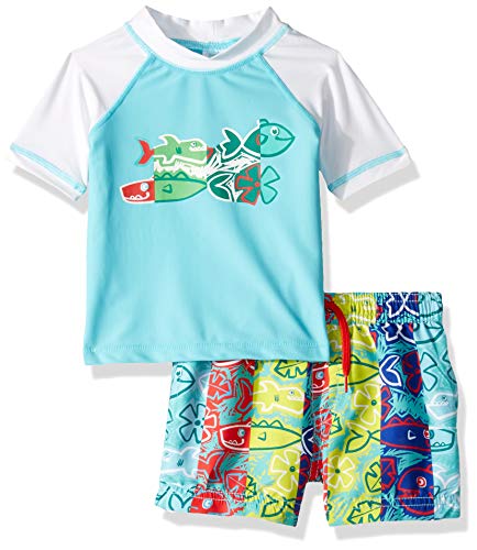 KIKO & MAX Baby Boys Swimsuit Set with Short Sleeve Rashguard Swim Shirt, Hungry Sharks Turquoise, 18 Months
