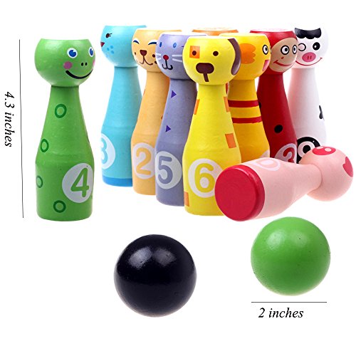 Joqutoys Wooden Bowling Play Set Indoor Activity with 10 Animal Pins 2 Balls Educational, Early Developmental Toy for Kids 2 3 4 5 Years and Up