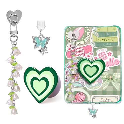 AIERSA Cute Charms Set for Kindle,Included Dust Plug Charm Type C/USB C,Heart Grip Holder,Flower Keychain with Hook for Kindle Accessories,Compatible with Kindle Paperwhite 11th 12th Generation-Green