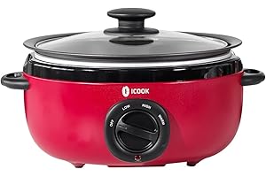 ICOOK USC-65-OP001RD 6.5 Quart Slow Cooker,Aluminium Sear/Sauté Stew Pot Stovetop safe,Dishwasher Safe,Glass Lid,Adjustable Temp,Food Warmer(Red)