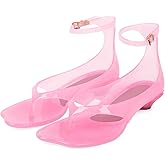 Agodor Jelly Thong Heeled Sandals for Women,Clear Flip Flop Low Kitten Heels for Women Square Open Toe Strappy Summer Casual Beach Adjustable Buckle Dress Sandals
