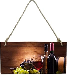 Savannan Wall Decor Sign Welcome Sign, Rustic Wooden Barrel Red Wine Grape Glass Food Vintage Plank Wooden Hanging Sign Plaque with Rope for Porch,Front Door,Garden,8x4 Inch