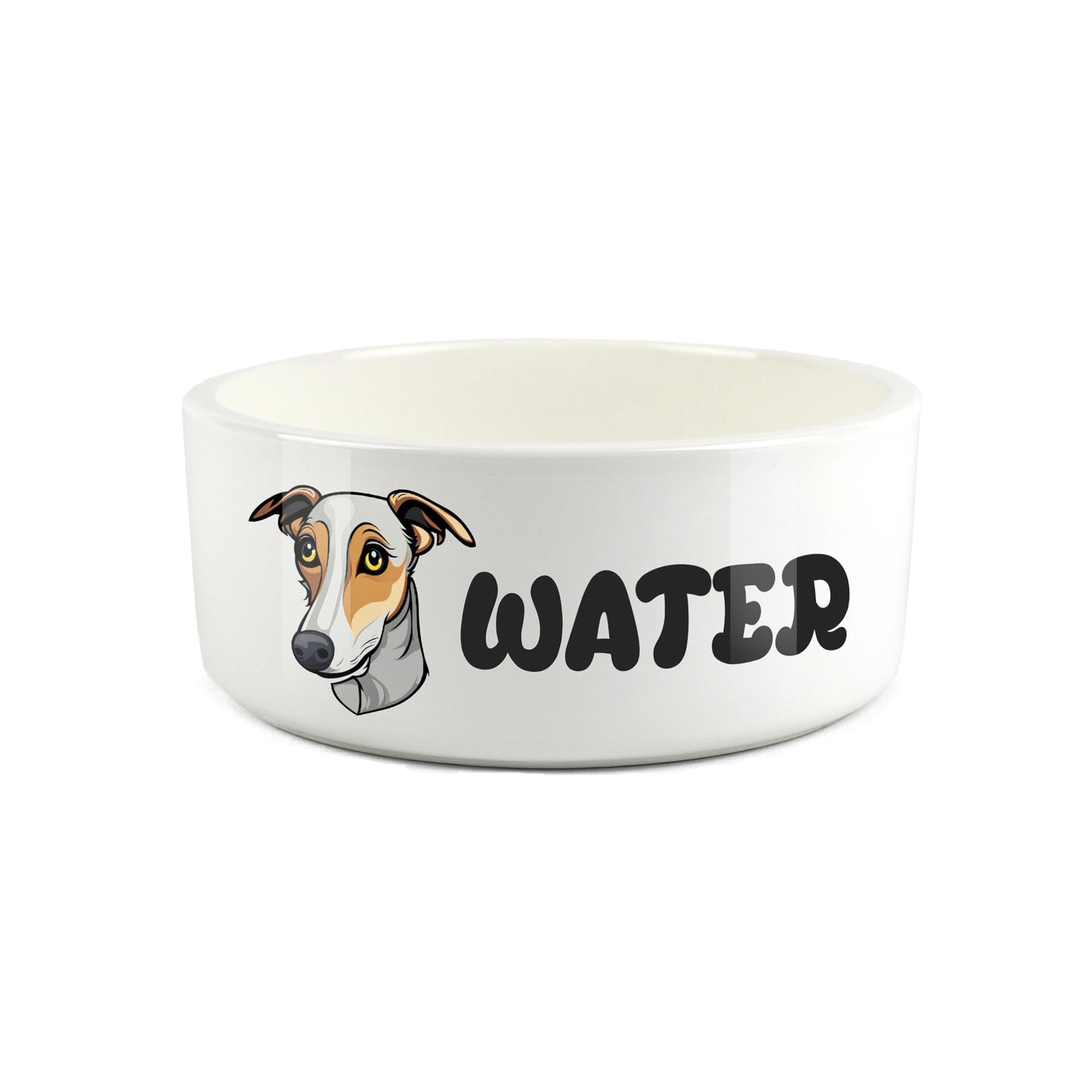 Whippet Pet Bowl - Cartoon Dog Portrait Large Ceramic Water Bowl - Novelty White Water Dish For Dogs