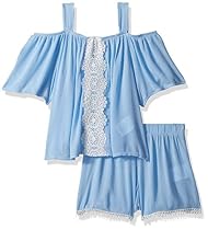 My Michelle Big Girls' Two Piece Set with Cold Shoulder and Crochet Trim, Powder Blue, S