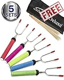 [FREE BONUS] Set of 5 Marshmallow Roasting Sticks 34 Inch Telescoping BBQ Skewers Premium Stainless Steel Smores & Hot Dog Skewers + Free Bamboo Skewers and Bag