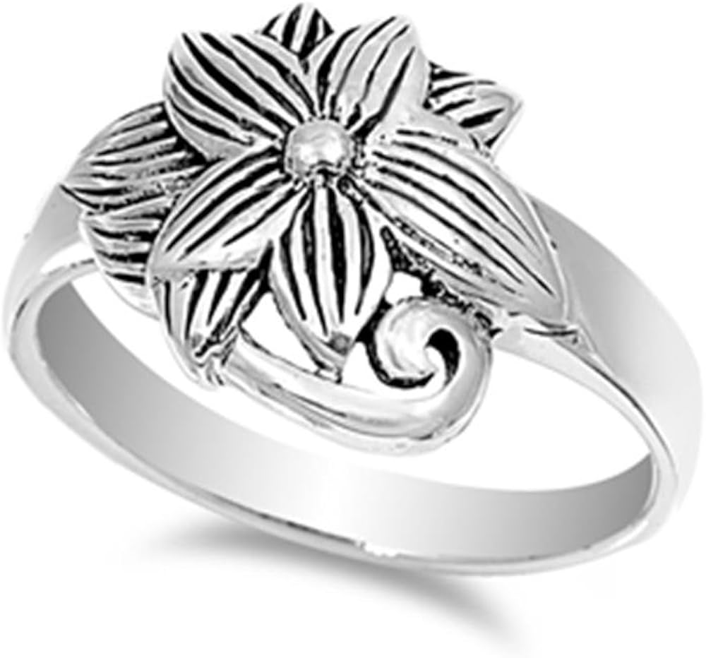 Sterling Silver Plumeria Flower Ring, 14mm Jewelry