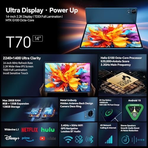 TECLAST T70 Tablet 14 Inch 2.2K Gaming Tablet, Helio G100 2.2GHz Octa-Core, 10000mAh/18W, Dual SIM 4G LTE, 20GB RAM+128GB+8TB TF, 2240x1400/Widevine L1/GPS/13MP/Gemini AI Android Tablet with Pen