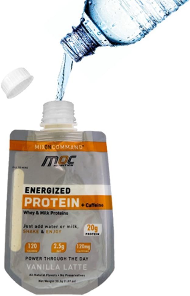 Energized Protein Snack in Shaker Bag + Caffeine (with Whey and Micellar Casein) | Ready to Drink/Just Add Water | 20g Protein Per Serving (1 Box / 7 ct, Vanilla Latte w/Caffeine)