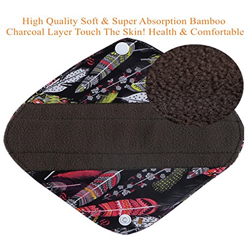 6Pcs Set Menstrual Pads Reusable Washable Charcoal Bamboo Heavy Flow Over Night 13 inch Sanitay Pads with 1 Cloth Mini Wet Bag by Simfamily - Thumbnail 3