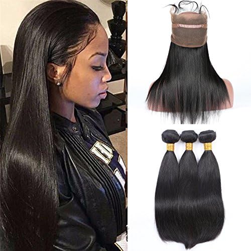 Shengji Hair Pre Plucked 360 Lace Front Closure with Bundles Brazilian Virgin Human Hair 7a Straight 360 Lace Frontal with Baby Hair(10 inch with 10 10 10)