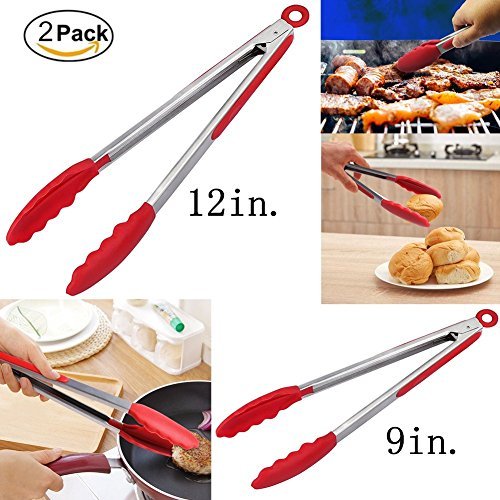 Kitchen Tongs Heat Resistant Silicone Tongs Sets Rubber Silicone Tips Silicone Grips Nonstick Tongs Cooking Tongs For Nonstick Pot Pans Salad Grill BBQ 2Pack (9 Inch,12 Inch)