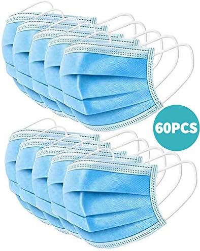Three Layer Disposable Protective Face Shields, Anti Spittle Waterproof Dustproof Breathable Safety Face Facial Mouth Cover for Personal Health, Blue 60PCS