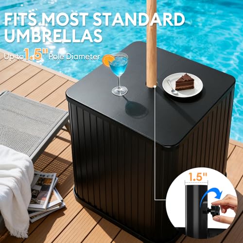 Umbrella Side Table with Umbrella Hole, Hyperzoo 2-in-1 Outdoor Side Table & Umbrella Stand with Fillable Base, Heavy Duty Poolside Table Holds 132 lbs, Fits ≤1.5” Pole for Poolside & Backyard, Black