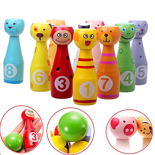 Joqutoys Wooden Bowling Play Set Indoor Activity with 10 Animal Pins 2 Balls Educational, Early Developmental Toy for Kids 2 3 4 5 Years and Up
