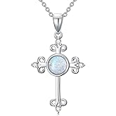 MOTIEL 925 Sterling Silver Diamond Cross Necklace with Genuine Opal Pendant Elegant Religious Jewelry Gifts for Women