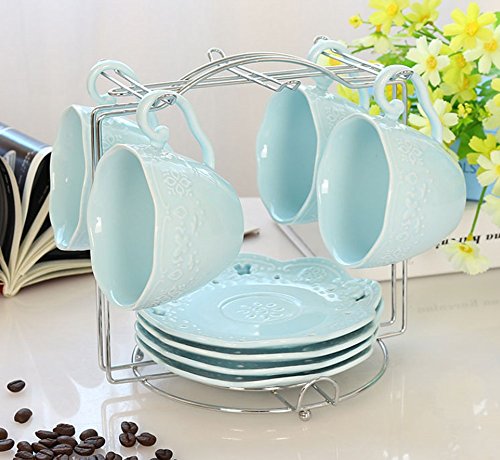 Eglaf Coffee Tea Cup Set Embossed Ceramic (Bone China) and Porcelain Saucers Scoop Bracket 6 - Piece Set (Blue)