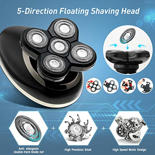 Electric Shaver for Men & Grooming Kit, GOOLEEN 5 in 1 Electric Razor Cordless Waterproof Wet Dry Rotary Bald Head Shaver Nose Trimmer Hair Clippers Facial Cleansing Brush LED Display USB Rechargeable