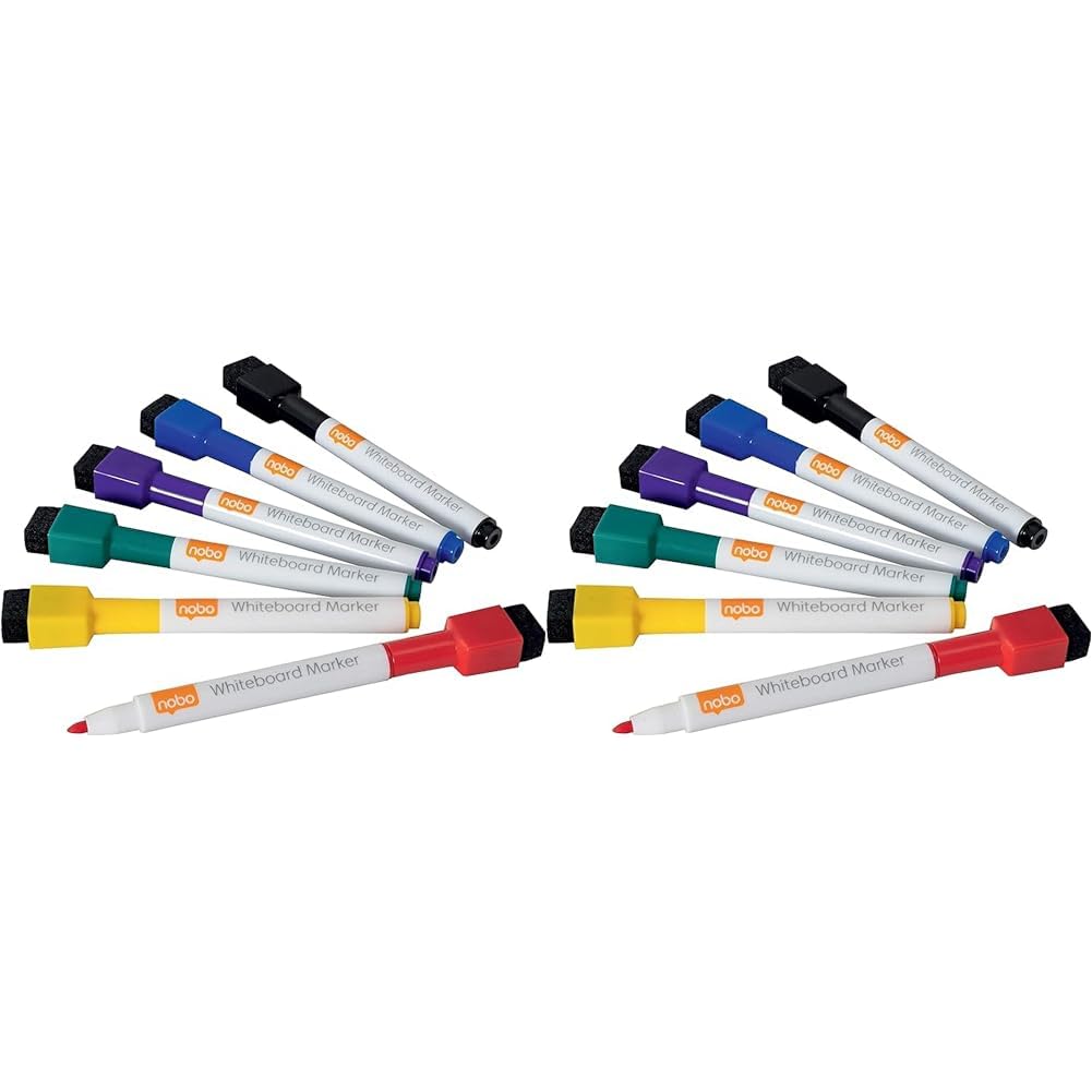 Nobo Mini Whiteboard Pens With Magnetic Eraser Cap, 2mm Fine Tip, Pack of 12, Dry Wipe/Erase, Low Odour, Assorted Colours, 1903792