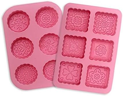 HUAL Moon Cake Mold With Stamps - Mid Autumn Festival DIY Decoration Press (Round & Square 6-Cavity 2PCS)