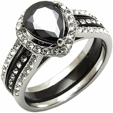 Lanyjewelry Womens Black Pear Cut CZ Two Tone Black Stainless Steel Wedding 2 Pieces Rings Set