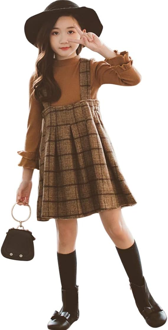 Amazon Exlura ジャンパースカート ワンピース セットアップ トップス サロペット 2点セット 子供服 キッズ 女の子 無地 タータンチェック チェック シンプル 綿 カジュアル 普段着 クロ ブラウン 韓国子供服 ブラウン 1 ワンピース チュニック 通販