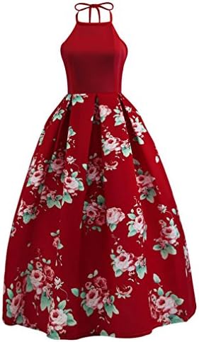 Singleluci Sexy Women Floral Printed Long Dress Neckholder Vintage Rockabilly Party Evening Beach Maxi Dress (Wine, XL)