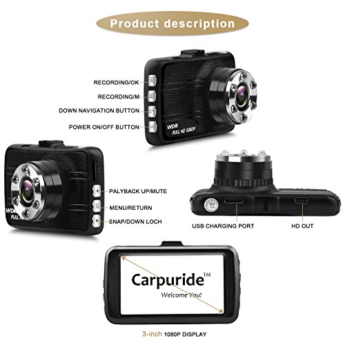 FHD 1080P Car Camera - Dash Cam 170 Wide Angle 3.0" LCD, Dashboard Camera Video Recorder DVR with Night Vision, G-Sensor, WDR, Loop Recording, Motion Detection and Parking Monitor