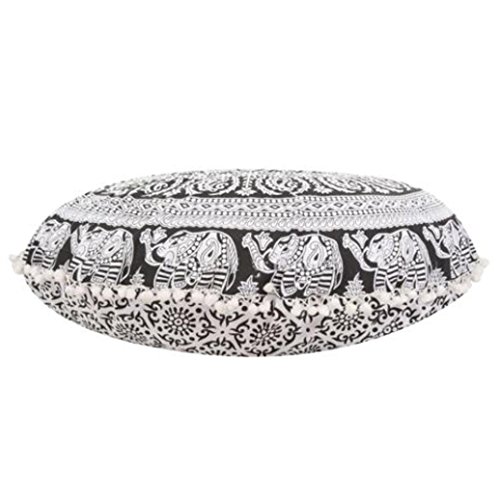 KMG Kimloog Round Pillow Cover, Decorative Mandala Pillow Sham, Indian Bohemian Ottoman Poufs, Outdoor Cushion Cover, Pom Pom (D) - Thumbnail 6